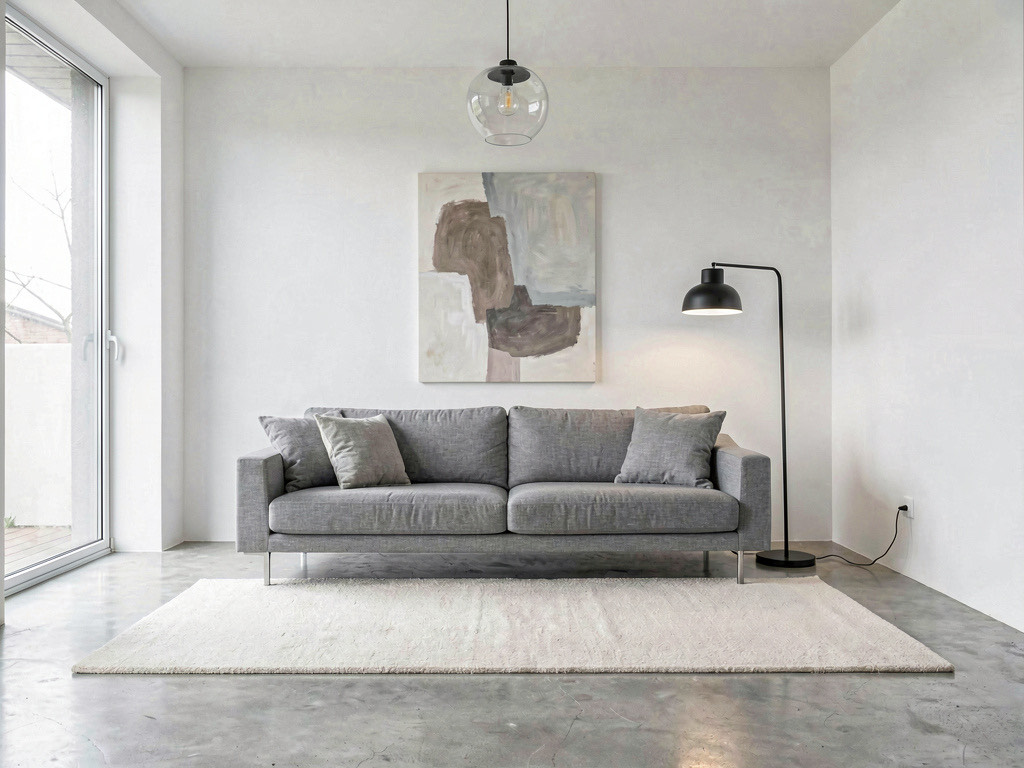 A living room redesigned in modern style with a low gray sofa, white walls, abstract painting, and glass pendant light