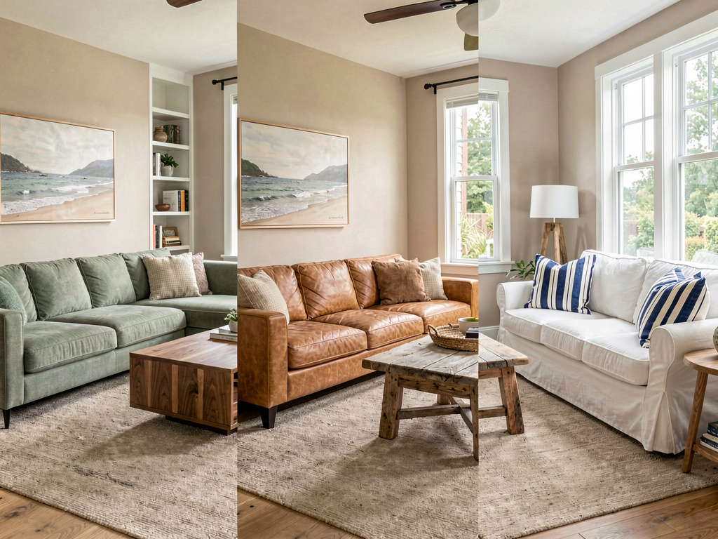 Single living room rendered in three different styles using Remodel AI free tier