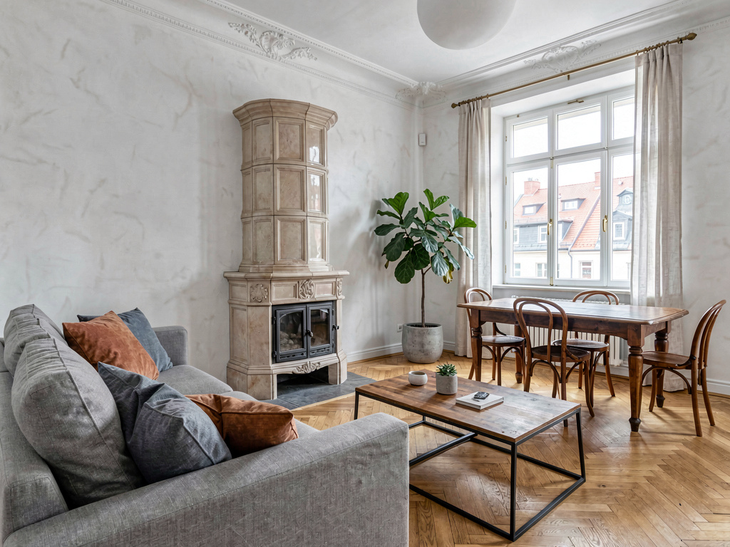 Berlin Altbau Wohn-Esszimmer mit modernen Renovierungsoberflächen