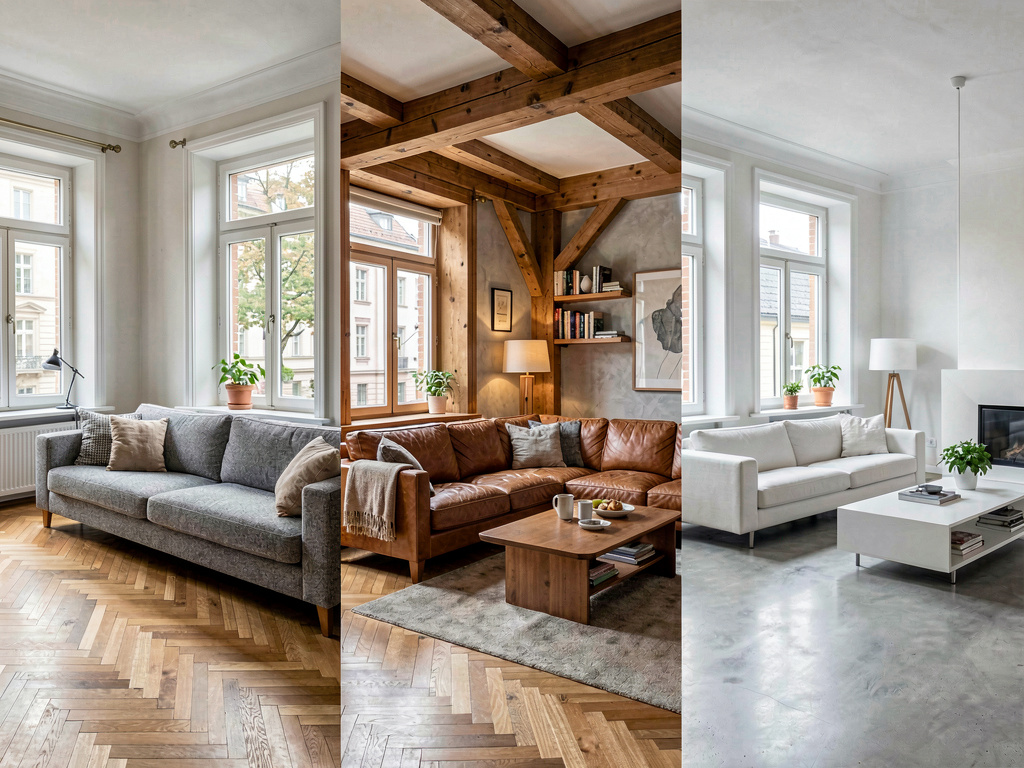 Berlin Altbau Wohnzimmer in drei verschiedenen deutschen Stilrichtungen