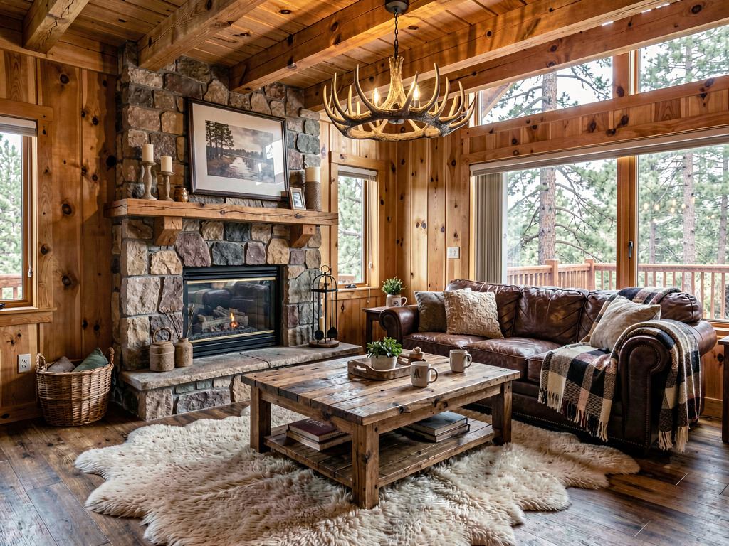 Cabin-style cozy living room with exposed beams, stone fireplace and leather sofa