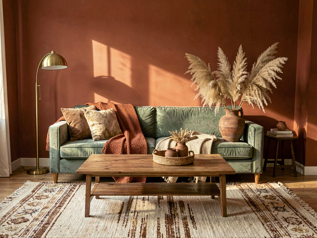 Cozy living room with terracotta walls, sage green sofa and warm brass lamp