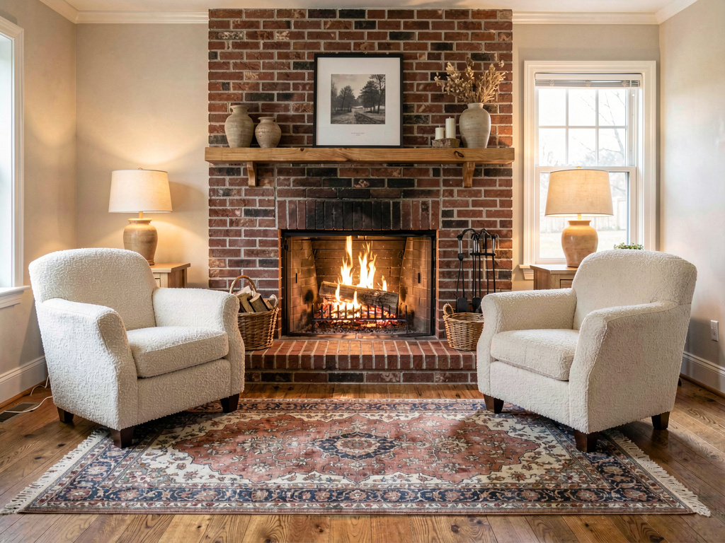 Cozy living room with brick fireplace and bouclé armchairs