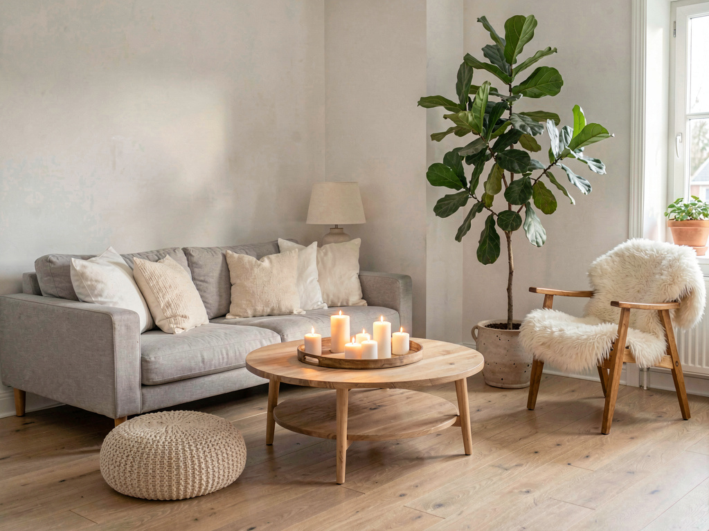 Scandinavian hygge living room with candles, knit pouf and light gray sofa