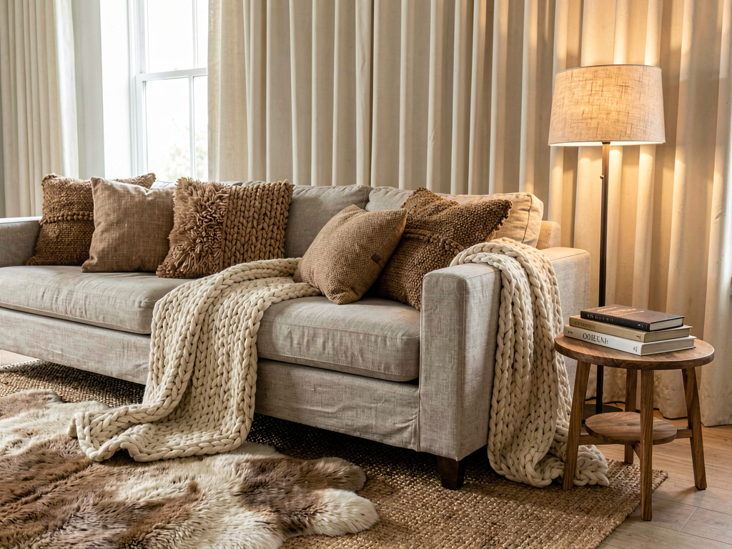 Cozy living room with layered textiles, knit throw blanket and earth-tone cushions