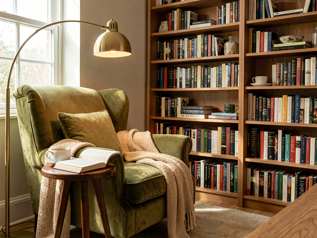 Cozy reading corner with olive green velvet armchair and floor-to-ceiling bookshelf
