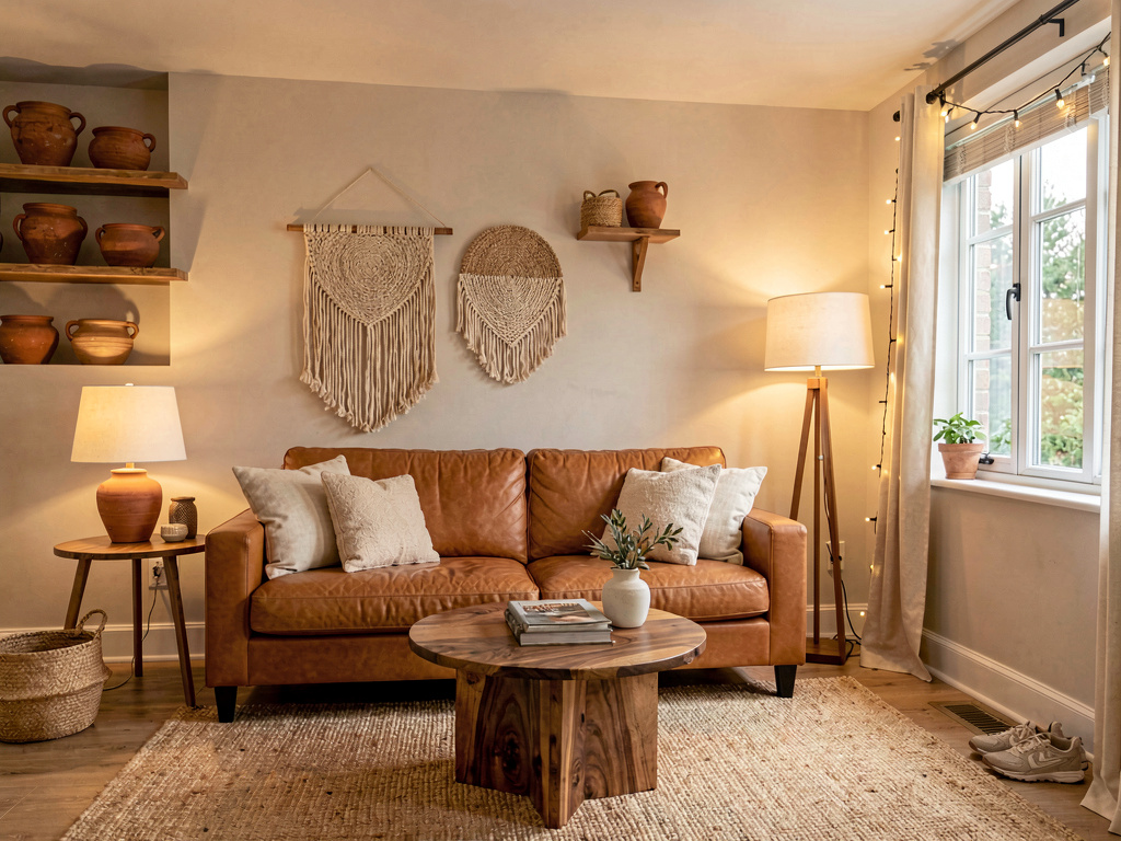 Cozy living room in warm neutrals with camel leather sofa and walnut coffee table