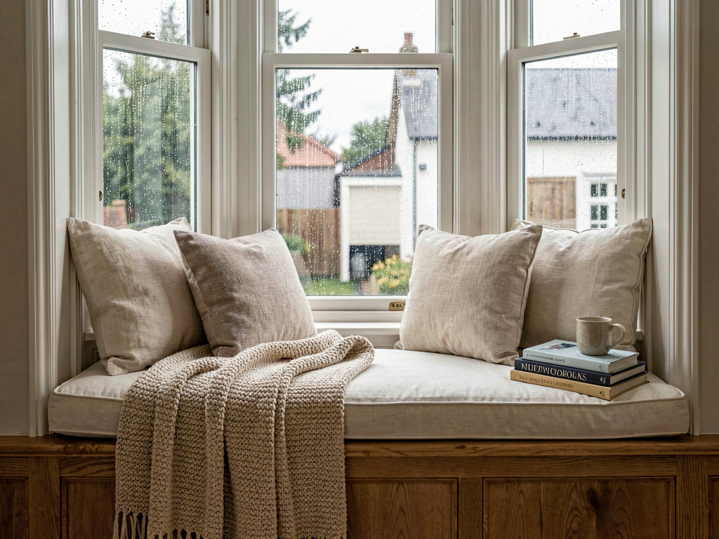 Cozy window seat in a living room with cushions, throw pillows and a knit blanket