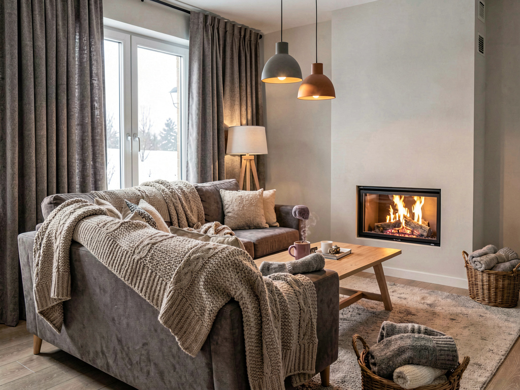 Winter cozy living room with thick blankets, roaring fire and hot chocolate