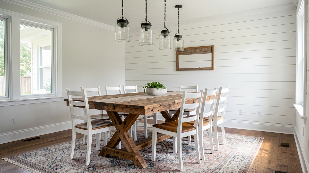 Farmhouse dining room with reclaimed wood table, mismatched chairs, bench, and mason jar chandelier