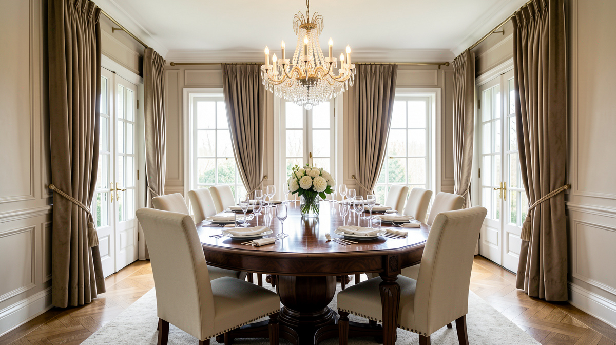 Formal dining room with large rectangular table, upholstered chairs, sideboard, and statement chandelier