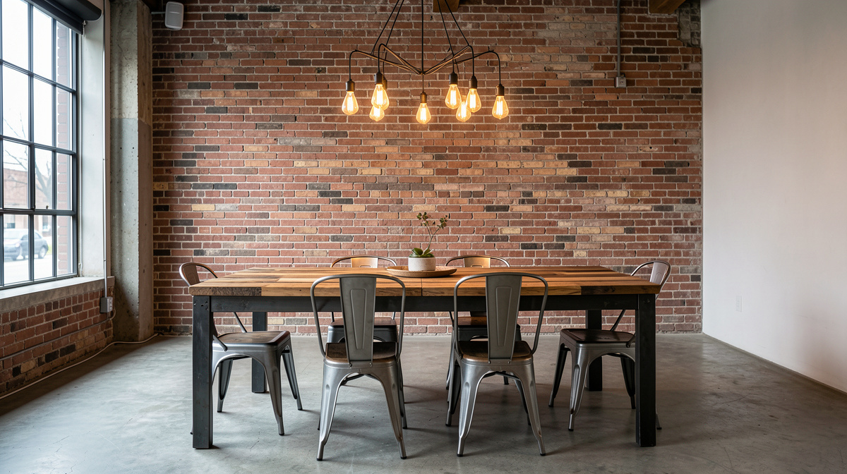Industrial dining room with metal-and-wood table, metal chairs, Edison bulb chandelier, and exposed brick