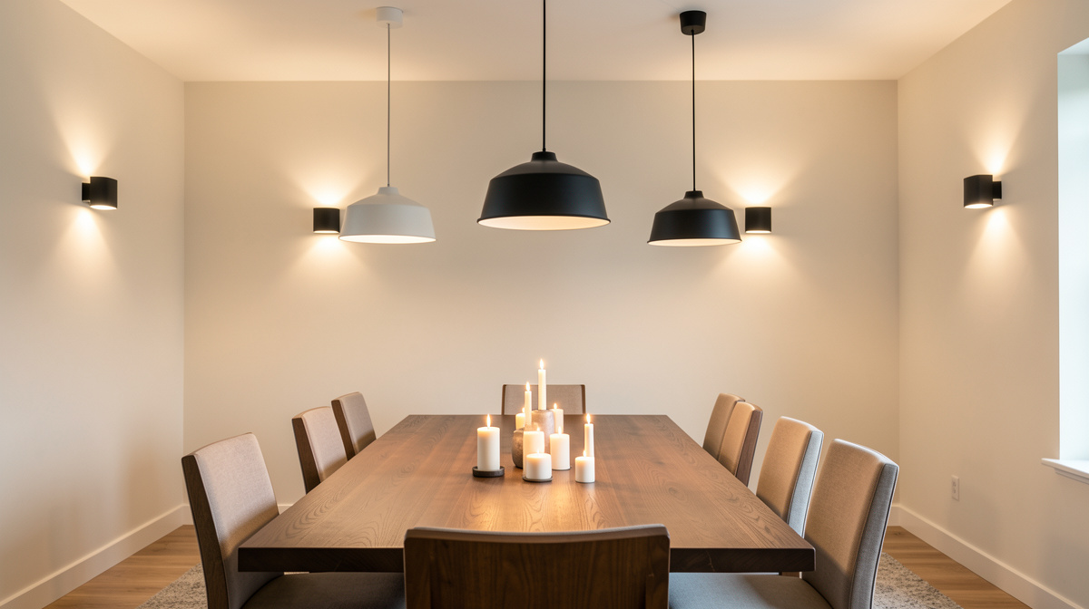 Dining room lighting comparison showing a too-small fixture versus a properly scaled chandelier