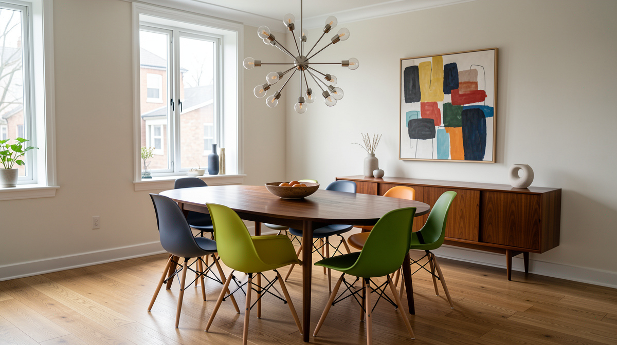 Mid-century modern dining room with oval walnut table, molded chairs, sputnik chandelier, and credenza
