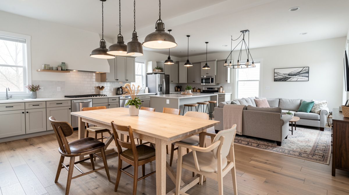Open-plan living-dining space with rectangular table, bench seating, and area rug defining the zone