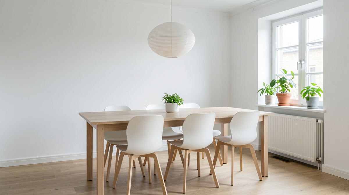 Scandinavian dining room with light wood round table, wishbone chairs, pendant light, and white walls