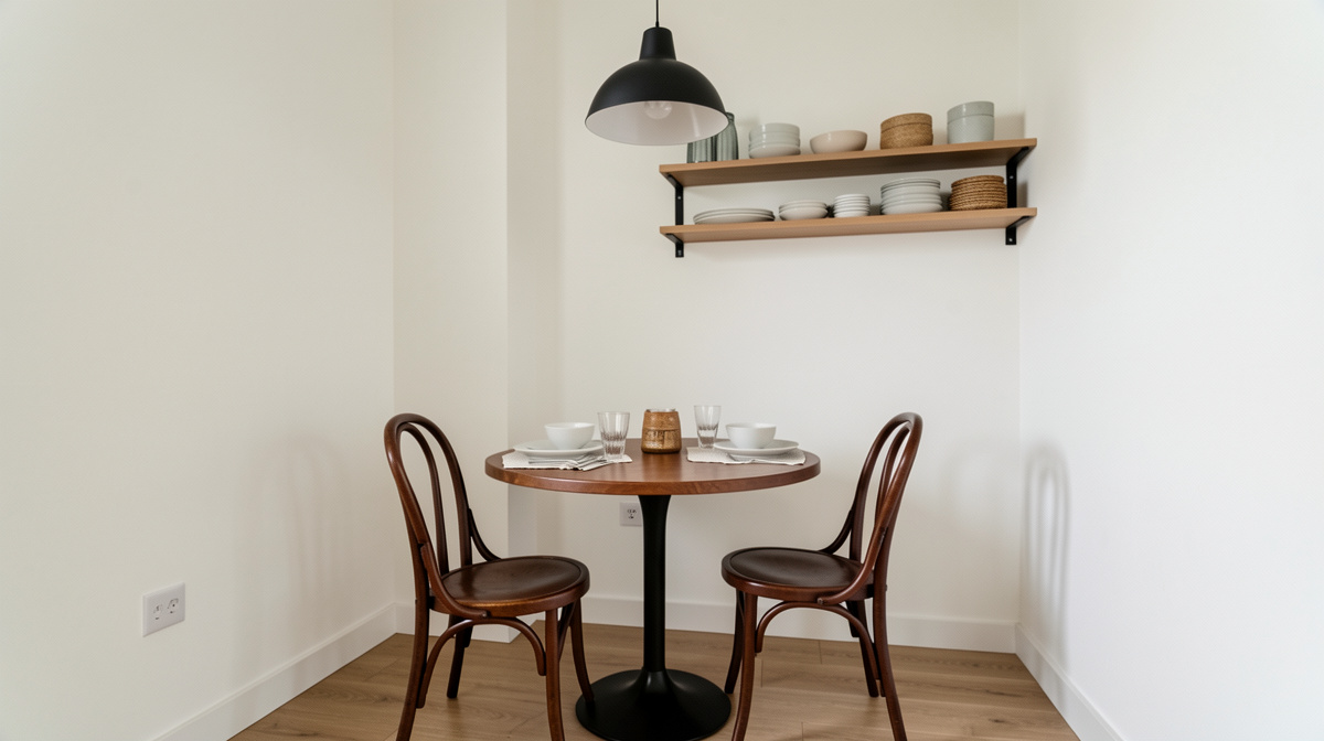 Small apartment dining area with round bistro table, two chairs, and wall-mounted shelving
