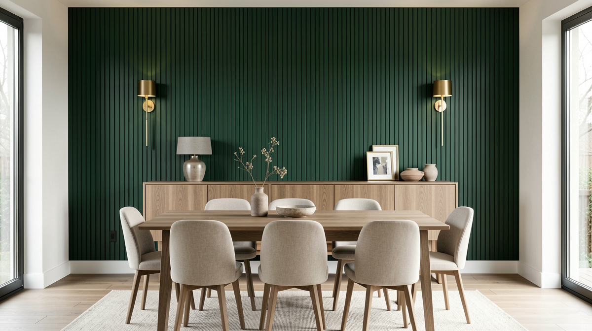 Side-by-side showing the same dining room with plain walls versus wallpapered accent wall