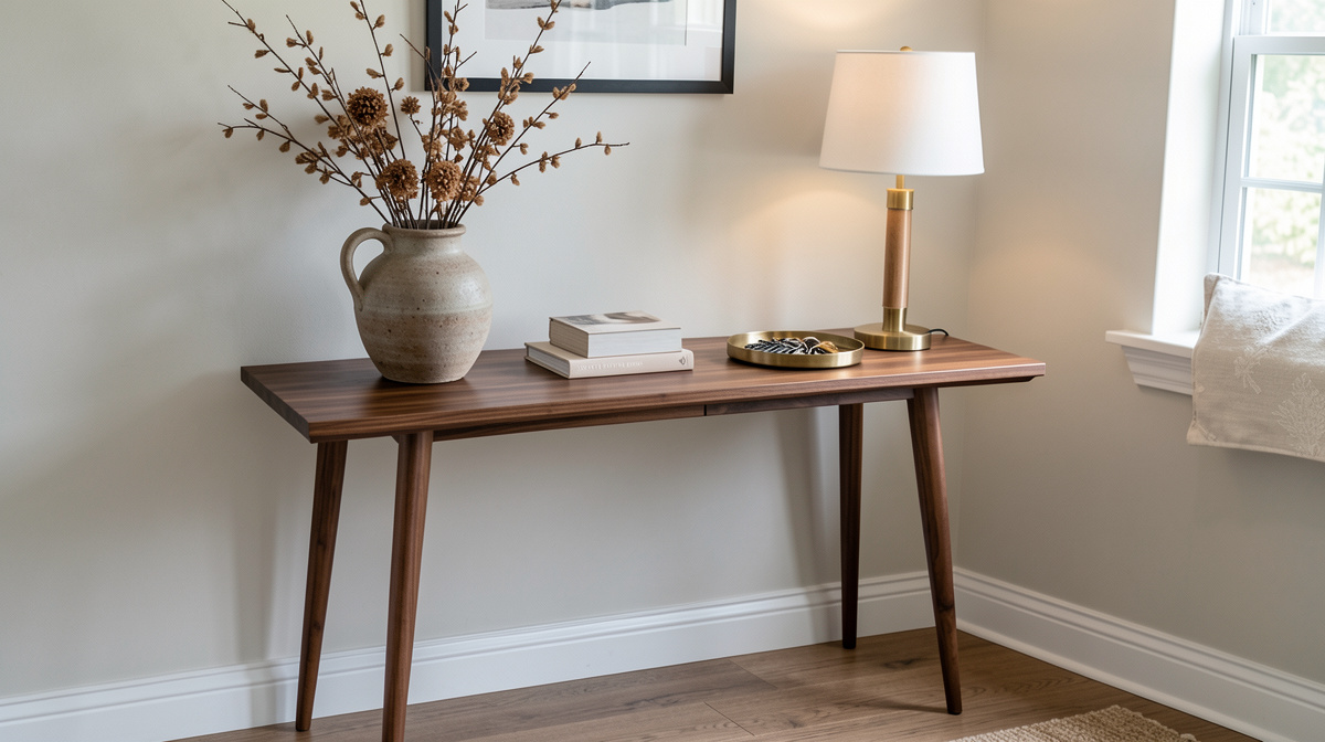 Entryway with wood and metal console table, styled with lamp, plant, basket and mail tray