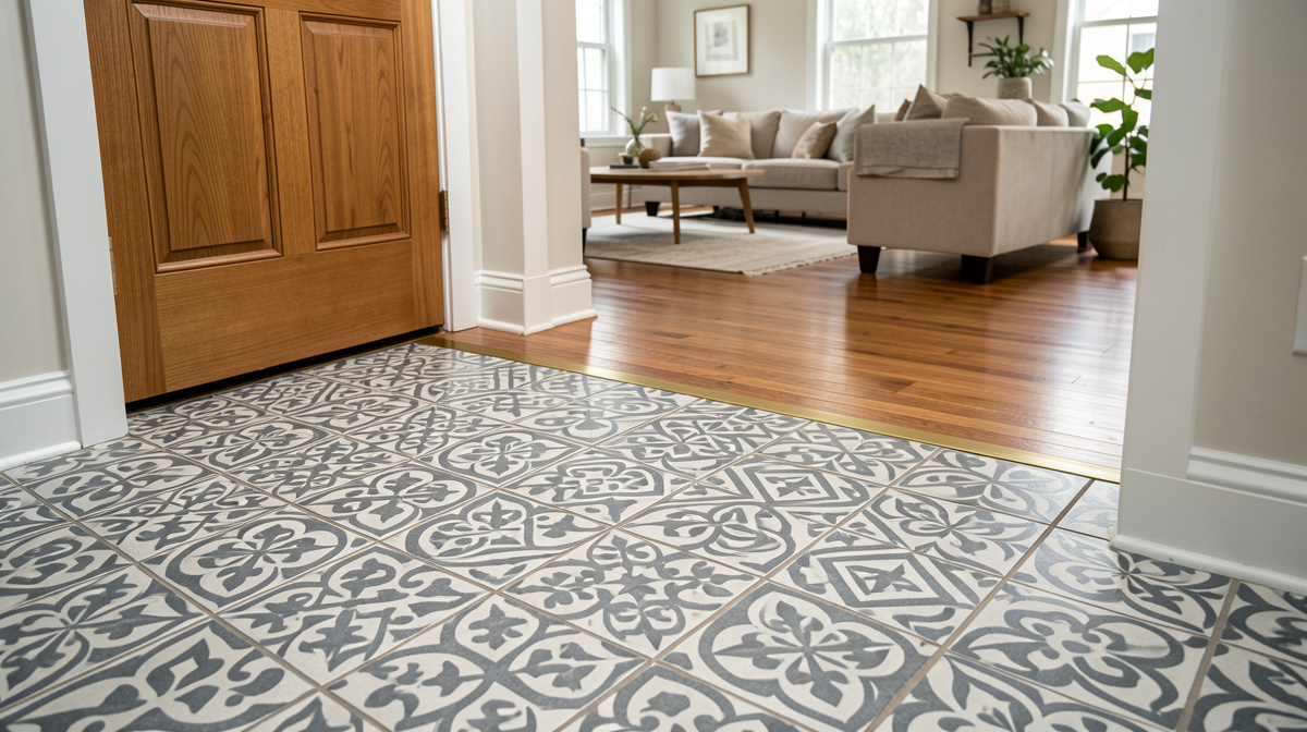 Entryway floor options — herringbone tile, patterned cement tile, durable runner on hardwood