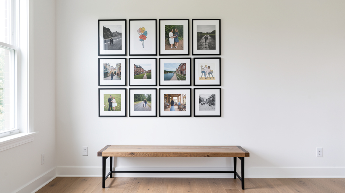 Entryway gallery wall with mix of framed art, photographs and small shelf with objects