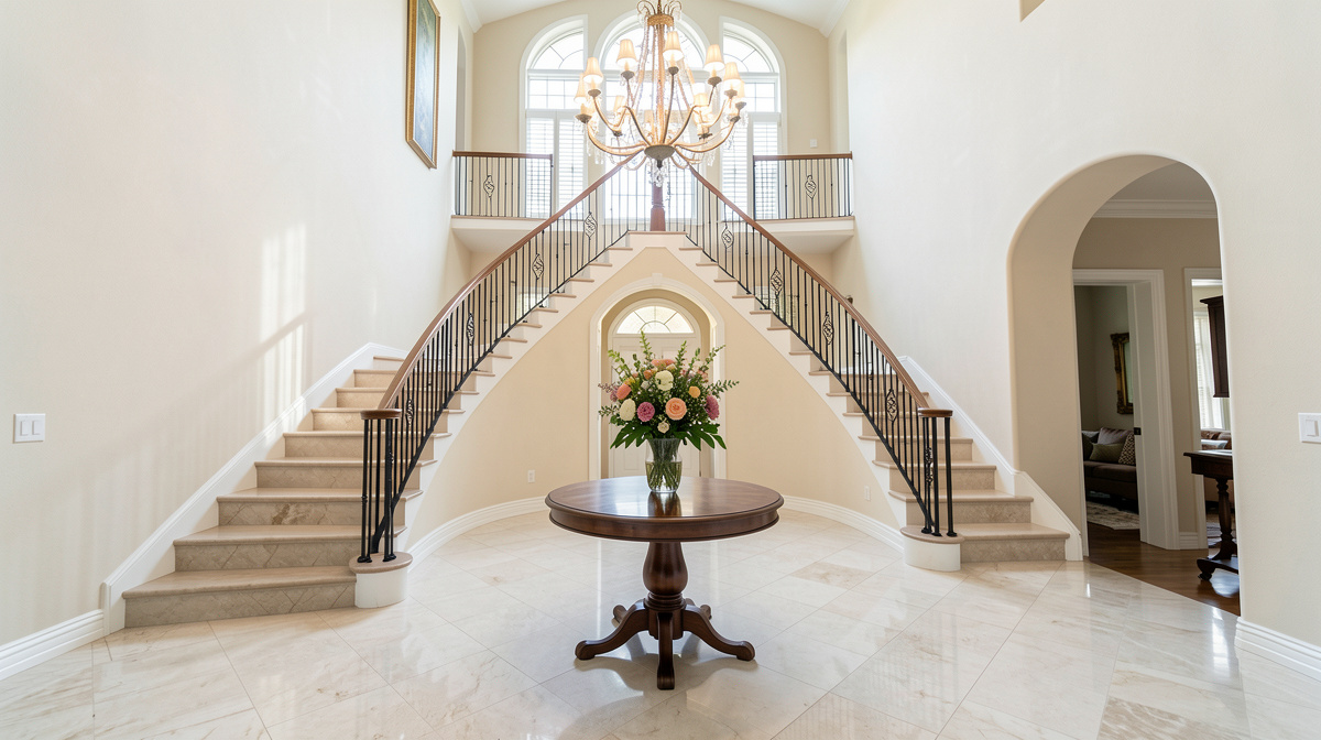 Grand entryway foyer with statement chandelier, round table, large mirror and marble floor