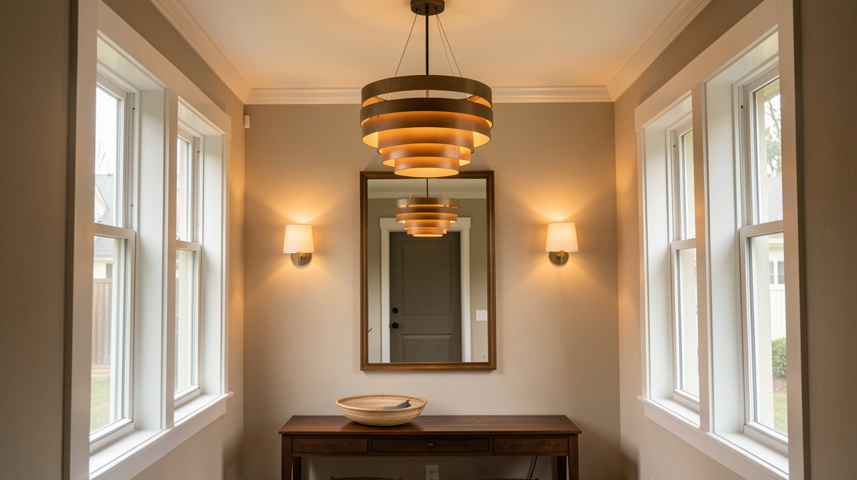 Entryway with layered lighting — pendant light overhead, wall sconce, and natural light from sidelight windows