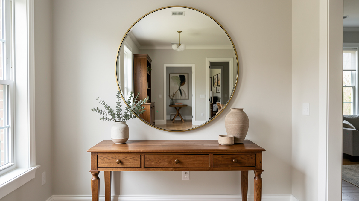 Entryway with large arched mirror above console table reflecting light from front door