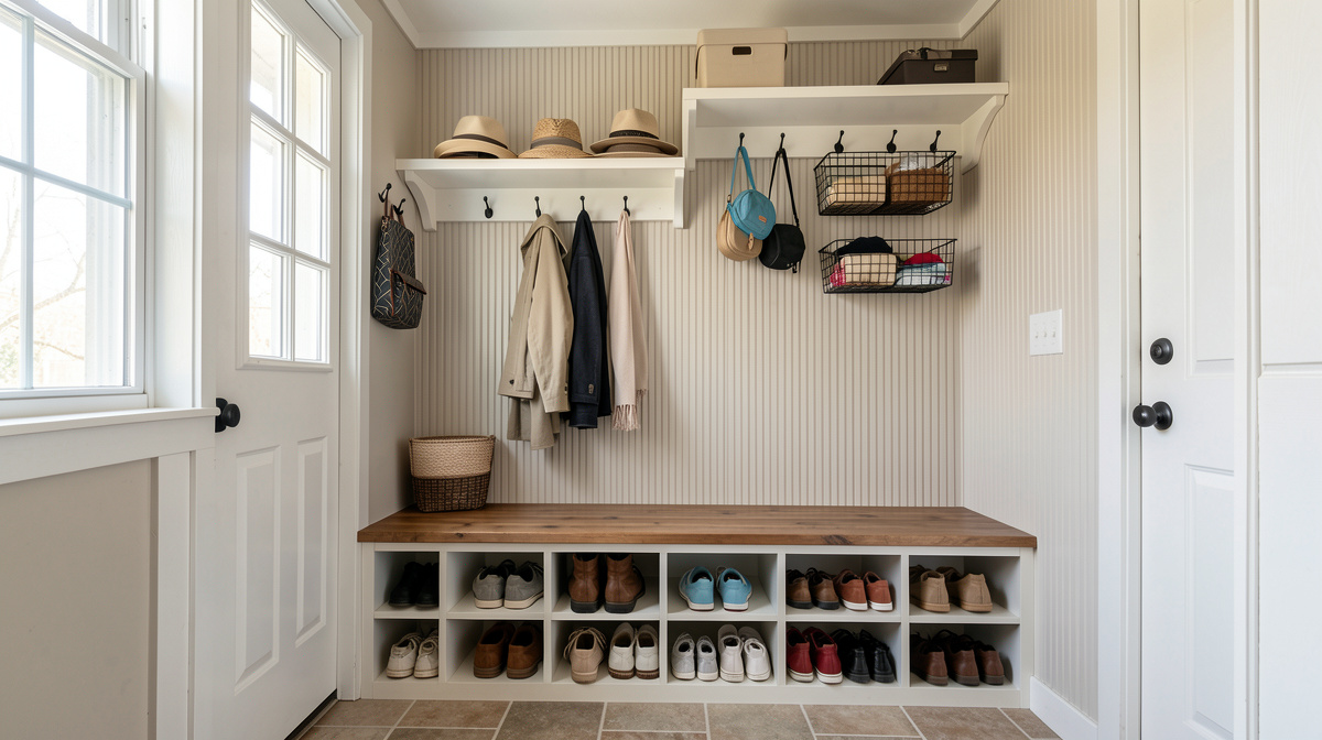 Mudroom with built-in bench, cubbies, coat hooks, shoe storage and durable tile floor