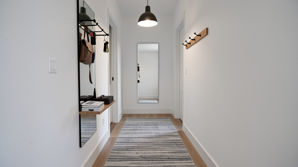 Narrow hallway entryway with slim console table, pendant light, runner rug and gallery wall