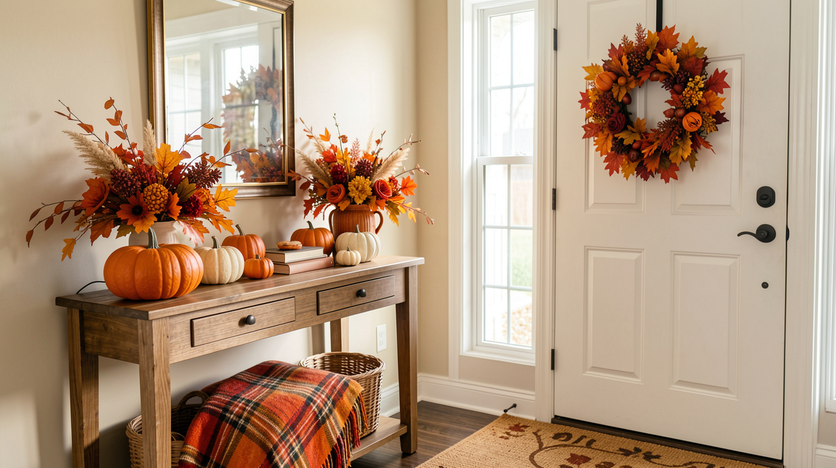 Entryway styled for fall with dried wreath, pumpkins on console table and warm-toned doormat