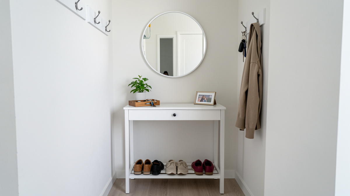 Small apartment entryway with wall-mounted shelf, hooks, small mirror and shoe tray