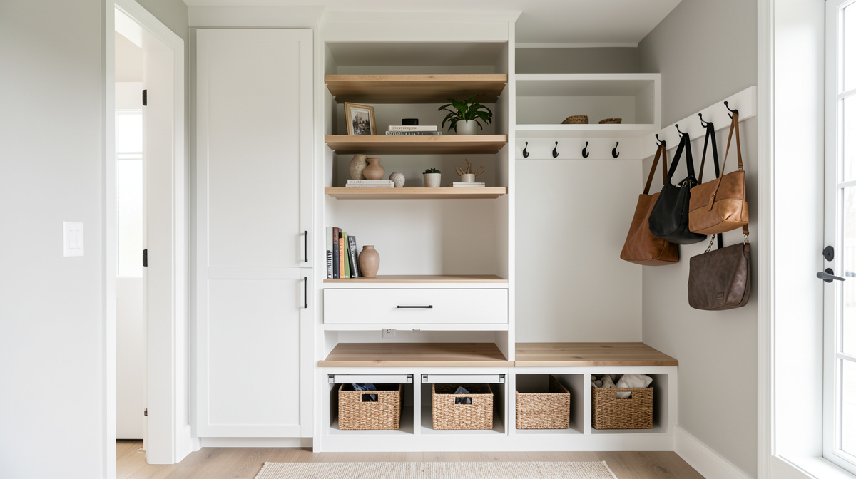 Entryway with combination of open hooks, closed cabinet, shoe bench and small drawer unit