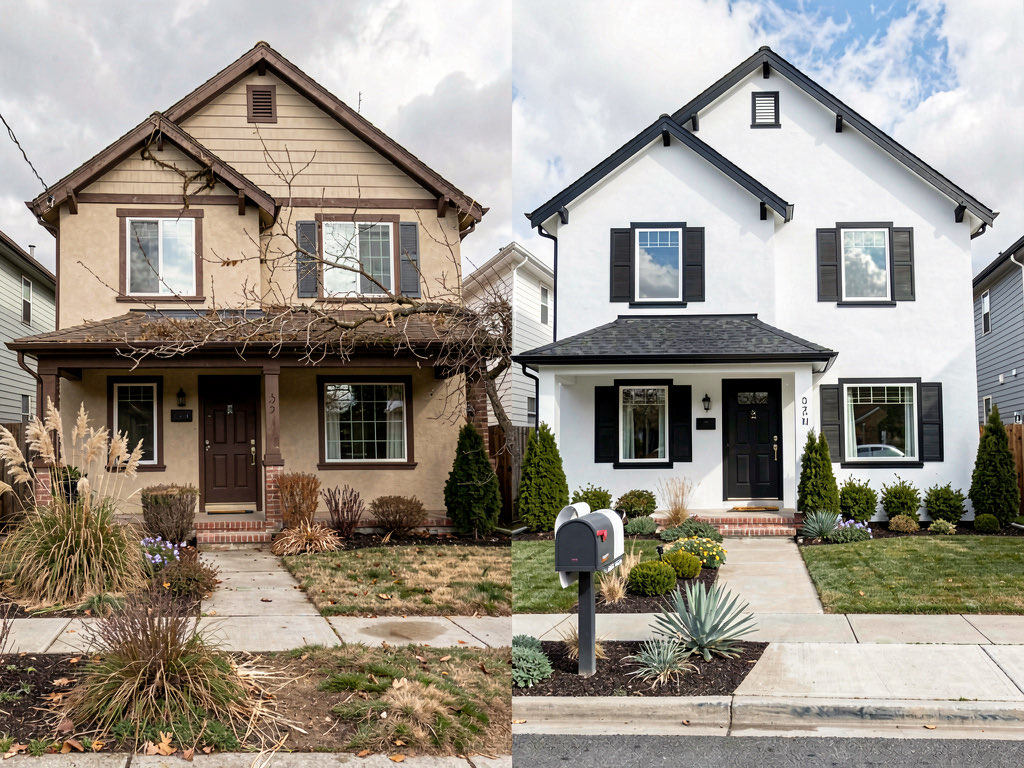 A before and after exterior renovation showing a dated beige house transformed to crisp white with black accents and modern landscaping