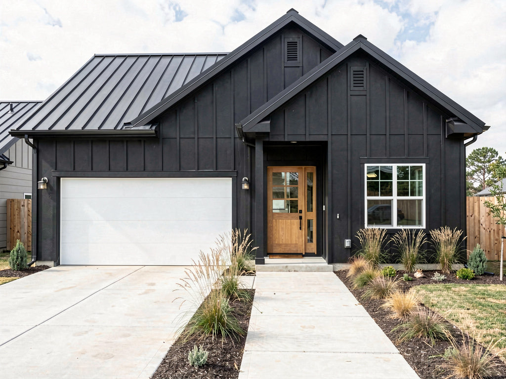 A modern farmhouse painted matte black with white windows, a natural wood front door, and ornamental grasses in the front yard