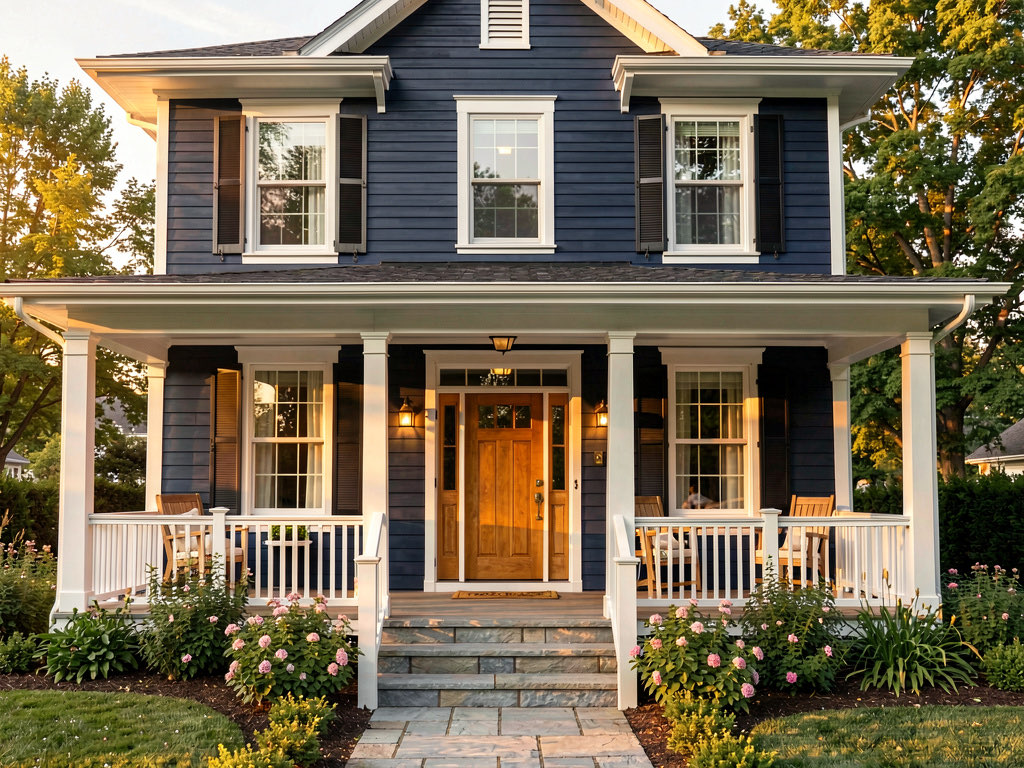 A craftsman house painted navy blue with white porch railings, brass door hardware, and a warm wood front door in golden hour light