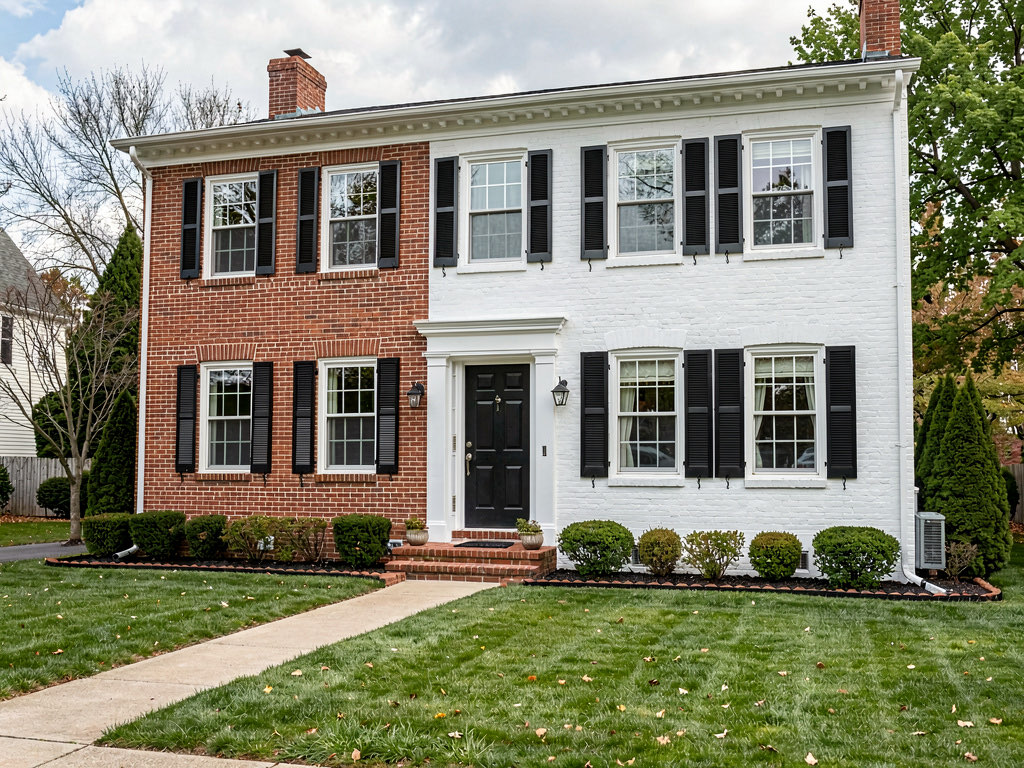 A traditional red brick house with the brick painted white, the original brick texture still visible under the paint, with black shutters and a green lawn