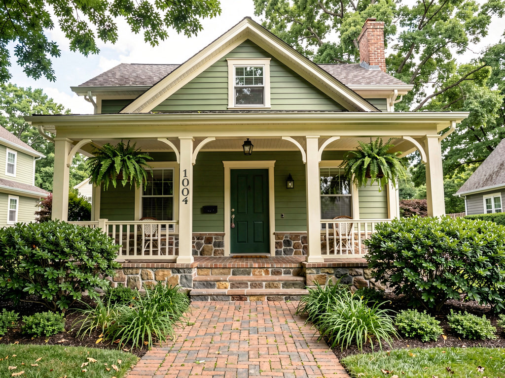 A craftsman house painted sage green with cream trim, a dark green front door, and a covered front porch with hanging ferns