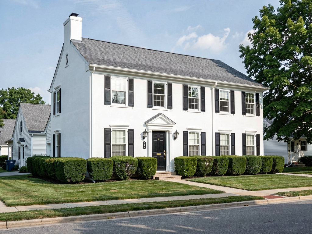 A colonial house painted bright white with black shutters and a black front door, boxwood hedges along the foundation