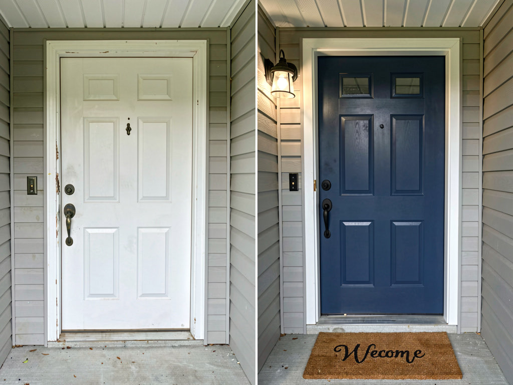 Before and after of a front door upgrade from plain white builder-grade to deep blue with matte black hardware