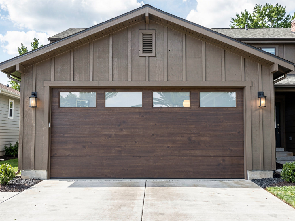 House with new carriage-house style garage door in dark wood grain with frosted glass panels