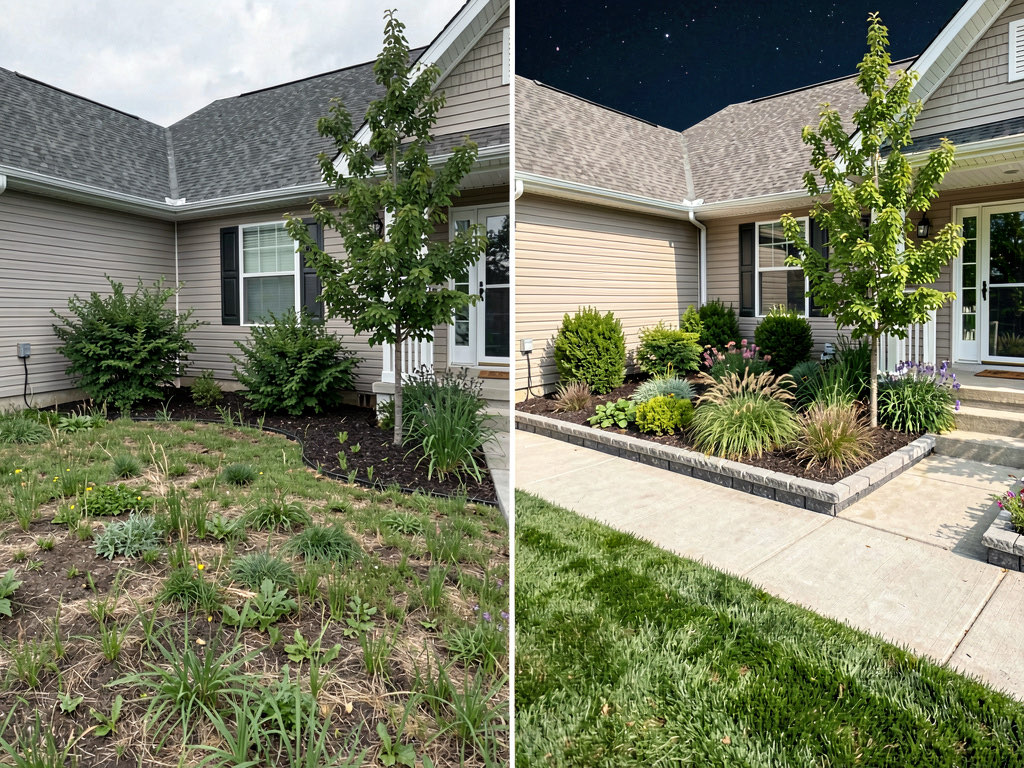 Split view of front yard landscaping transformation from overgrown to clean mulch beds and ornamental grasses