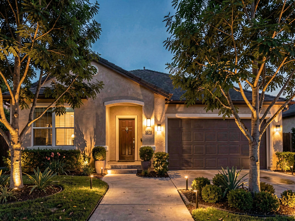 House exterior at dusk with warm LED path lights, up-lights on the facade, and modern porch lantern