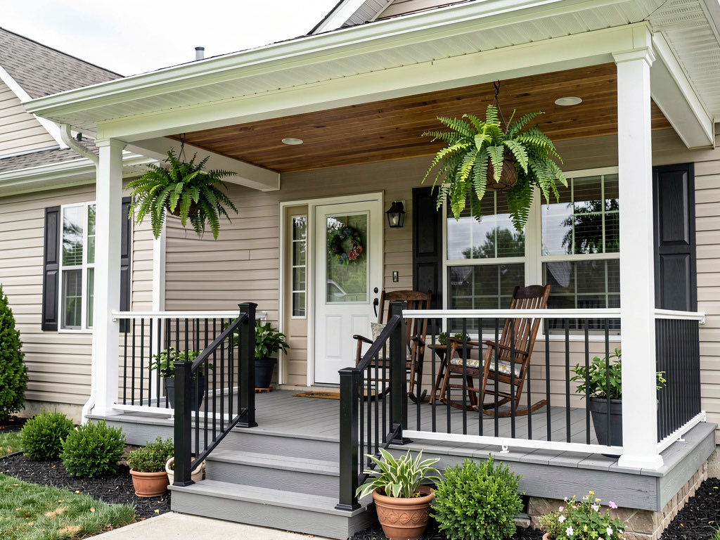 Newly built front porch on a ranch house with white columns, composite decking, rocking chairs and hanging ferns