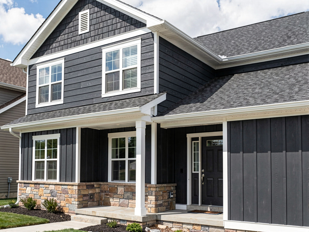 House with new mixed-material siding: charcoal lap siding, stone veneer, and board-and-batten accents