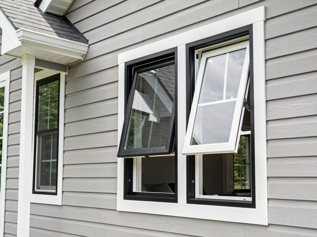 Close-up of new black-framed energy-efficient windows replacing old white aluminum windows on light gray siding
