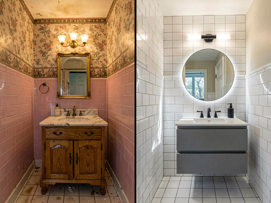Side-by-side before and after of a dated 1980s pink tile bathroom transformed by AI with white subway tile, floating vanity, and matte black fixtures
