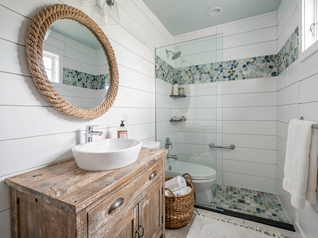 A bathroom redesigned in coastal style with shiplap walls, weathered teak vanity, rope-framed mirror, and sea glass mosaic accent tile