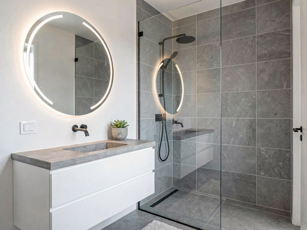 A bathroom redesigned in clean modern style with a floating vanity, frameless glass shower, LED mirror, and matte black rain showerhead