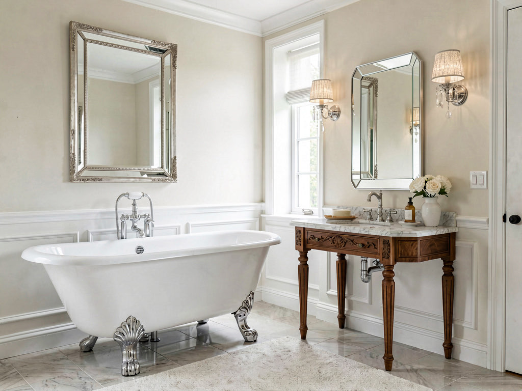 A bathroom redesigned in traditional style with a clawfoot tub, marble-topped furniture vanity, wainscoting, and crystal sconce